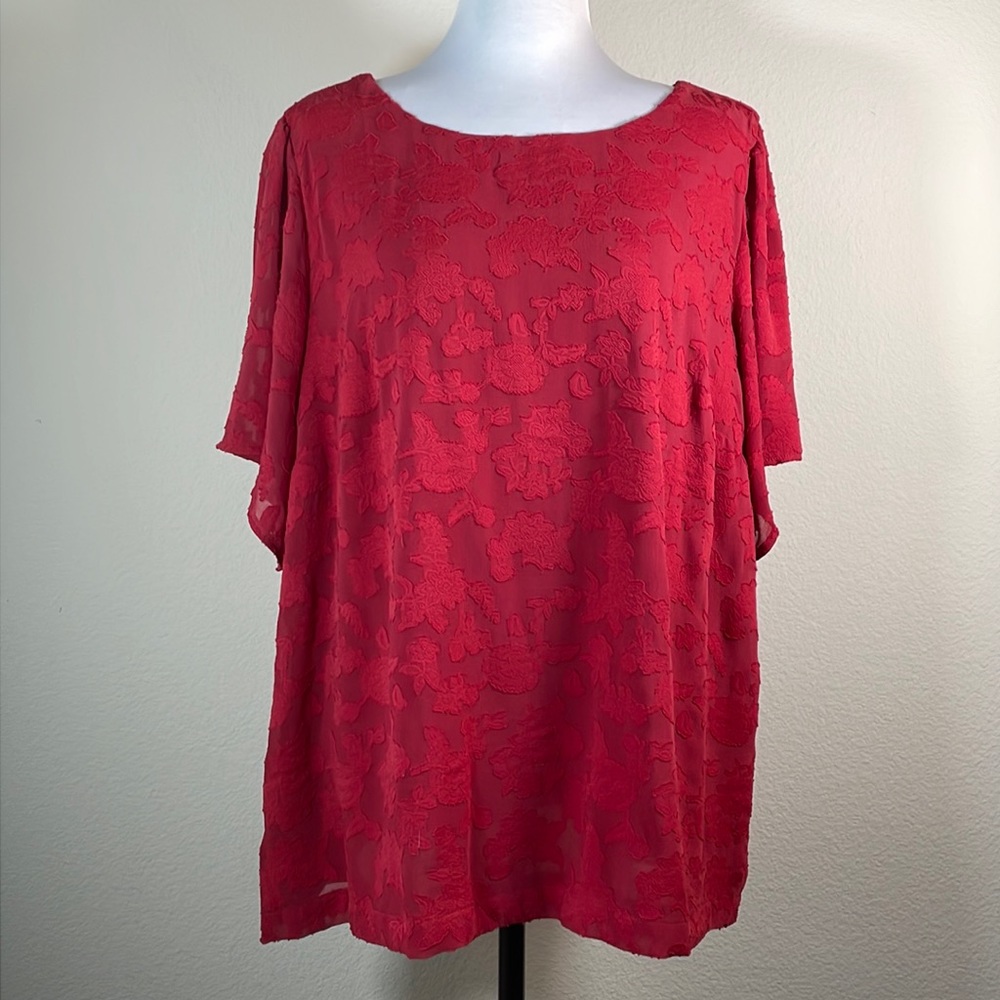 🌸LOFT Red Lace Lined Top Blouse w/Lace Sleeves Size 16 plus EUC